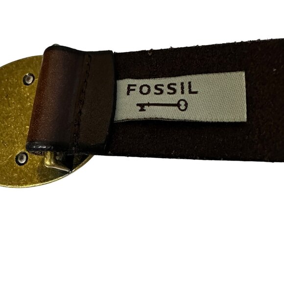Fossil size L 43.5” long silver and goldtone buckle brown leather belt EUC - Picture 4 of 8